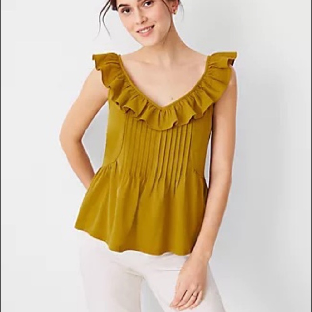 Ann Taylor Pintucked Ruffle Shell Top In Amber Green - S